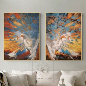 Peacock paintings on canvas Set of 2 white peacock painting original peacock painting blue feather painting large peacock abstract painting