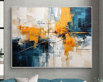Original Yellow Abstract Painting Blue Textured Art Large 3D Texture Painting Beige Abstract Wall Art Black Textured Wall Art Blue Painting