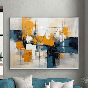 Original jaune texturé art peinture abstraite bleue grande peinture abstraite jaune peinture à l'huile sur toile bleu 3D texture art beige art mural