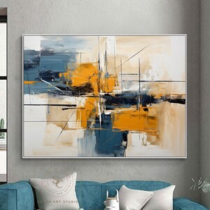 Original Beige Abstract Painting Blue Textured Art Yellow Textured Painting Large Beige Wall Art Black White Painting 3D Textured Wall Art