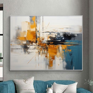 Peinture abstraite originale grande art texturé jaune, peinture abstraite bleue, art mural noir et blanc, peinture à l'huile bleue sur toile, art texturé 3D