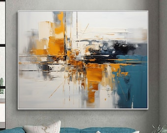 Original Abstract Painting Large Yellow Textured Art Blue Abstract Painting Black White Wall Art Blue Oil Painting on Canvas 3D Texture Art