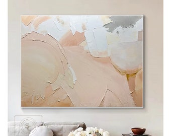 Large Beige Abstract Painting White Textured Wall Art Neutral Oil Painting Minimalist Texture Painting Cream Wall Art Pink Canvas Painting