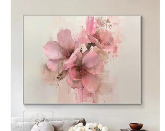 Peinture abstraite originale de fleurs, grande fleur rose, art mural floral, art texturé rose, toile moderne beige, art mural rose