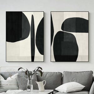 壁掛けアート2点セット 大型 白黒絵画 幾何学模様の抽象画 ミニマリズム抽象画 侘び寂びの壁掛けアート ベージュの壁掛け絵画