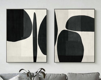 Set of 2 Wall Art Large Black White Painting Geometric Abstract Painting Minimalism Abstract Painting Wabi-Sabi Wall Art Beige Wall Painting