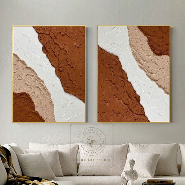 Brown Minimalism Painting White 3D Textured Art Set of 2 Paintings Brown Texture Painting Brown Abstract Painting Beige Canvas Painting