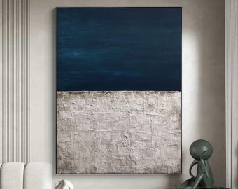Large Blue White 3D Textured Painting, Sky And Sea Abstract Art, Minimalist Canvas Wall Decor