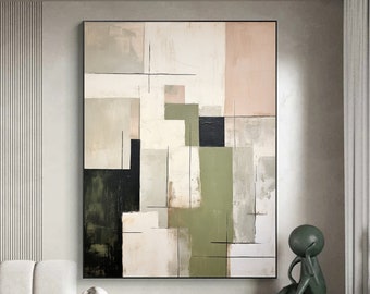 Beige Abstract Oil Painting Green Minimalist Painting Large Beige Wall Art Green Abstract Art Modern Geometric Painting Green Textured Art