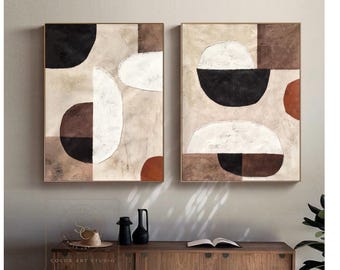 Dipinto astratto beige marrone Grande set di 2 dipinti Boho Wall Art Pittura con texture nera Beige Minimalismo Wall Art Arte geometrica astratta