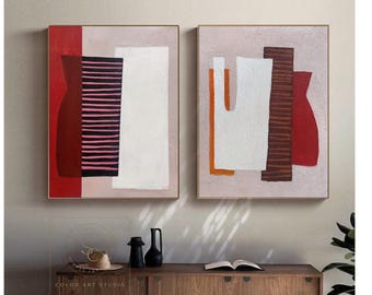 Beige Abstract Painting Large Boho Painting Set of 2 Wall Art Beige Textured Painting Pink Minimalism Painting White Geometric Textured Art