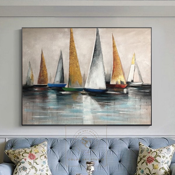 Large Sailboat Painting Colorful Sailboat Abstract Art Sailboat Landscape Painting Original Oil Painting on Canvas Sailboats in The Harbor