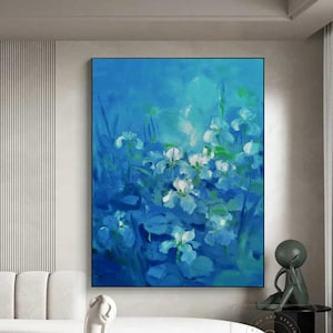 Original Iris Abstract Painting Blue Tones Wall Art Blue Textured Canvas Floral Impressionist Wall Art Large Flower Art Painting