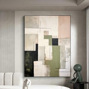 Beige Abstract Oil Painting Green Minimalist Painting Large Beige Wall Art Green Abstract Art Modern Geometric Painting Green Textured Art