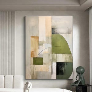 Green Minimalist Painting Large Green Wall Art Beige Abstract Painting Geometric Wall Painting Modern Canvas Painting Beige Abstract Art