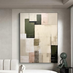 Beige Abstract Painting Large Green Minimalist Painting Wabi-Sabi Wall Art Original Beige Abstract Art Green Wall Art Geometric Abstract Art