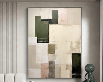 Beige abstract schilderij groot groen minimalistisch schilderij Wabi-Sabi muurkunst originele beige abstracte kunst groene muur kunst geometrisch abstracte kunst