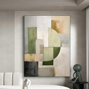 Large Green Wall Art Green Abstract Painting Beige Minimalist Painting Yellow Abstract Art Geometric Wall Painting Modern Canvas Painting