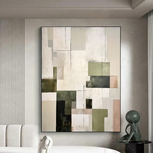 Original Beige Abstract Painting Green Minimalist Painting Large Beige Wall Art Beige Textured Art Geometric Abstract Art Wabi-Sabi Wall Art