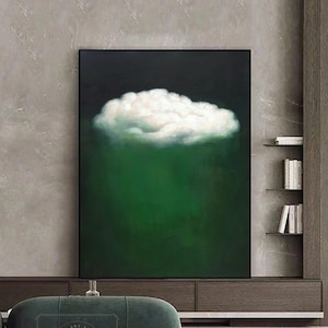 Cloud Wall Art Green Minimalist Painting White Cloud Abstract Painting Green Abstract Art White Cloud Painting Original Green Wall Painting