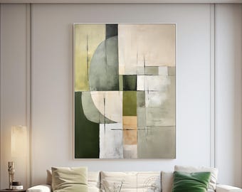 Green Abstract Painting on Canvas Beige Abstract Art Green Minimalist Wall Art Beige Canvas Painting Green Textured Art Modern Geometric Art