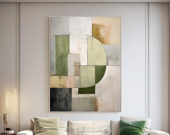 Green Palette Wall Art, Geometric Abstract Painting, Beige Minimalist Wall Canvas, Large Wabi Sabi Painting