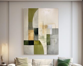 Green Beige Abstract Painting, Large Wabi Sabi Wall Art, Minimalist Geometric Art, Handmade Textured Canvas