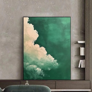 Green Abstract Painting Cloud Wall Art Green Minimalist Wall Art Beige Cloud Painting Original Green Textured Art Large Cloud Canvas Art
