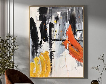 Large black white abstract painting yellow abstract painting orange texture art white abstract painting modern minimalist painting wall art