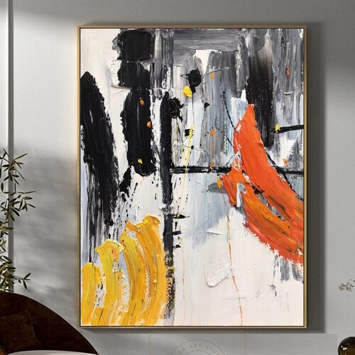 Large yellow abstract painting black and white abstract painting orange texture abstract painting shops beige abstract painting living room decor