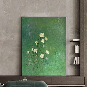 Green Minimalist Wall Art Large Green Textured Art Rose Oil Painting Green Abstract Painting Rose Flower Painting Green Canvas Art Painting