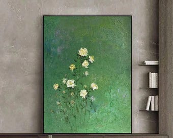 Green Minimalist Wall Art Large Green Textured Art Rose Oil Painting Green Abstract Painting Rose Flower Painting Green Canvas Art Painting
