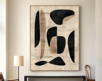 Pintura abstrata original em tons de preto e bege, arte de parede boho grande, pintura original em cores neutras, decoração de parede minimalista.