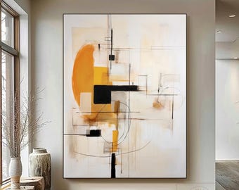 抽象画 キャンバス オレンジ ベージュ モダンなオレンジ色の抽象画、ベージュのテクスチャキャンバス（大判