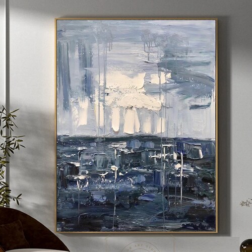 Large white 3d abstract painting shops blue grey abstract painting blue sea landscape painting white sky abstract painting large texture painting