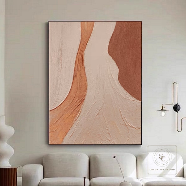 Large Brown Abstract Painting Orange Textured Art Beige Canvas Painting Brown Textured Art Modern Minimalism Painting Living Room Wall Art
