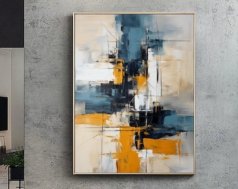 大きな青オレンジの抽象画 青の幾何学的なキャンバスの抽象画 オレンジ