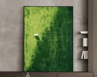Green Minimalist Wall Art Large Green Abstract Painting Sheep Abstract Art Green Grass Canvas Painting Meadow Wall Art Green Textured Art