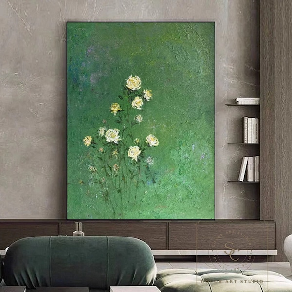 Green Minimalist Wall Art Large Green Textured Art Rose Oil Painting Green Abstract Painting Rose Flower Painting Green Canvas Art Painting