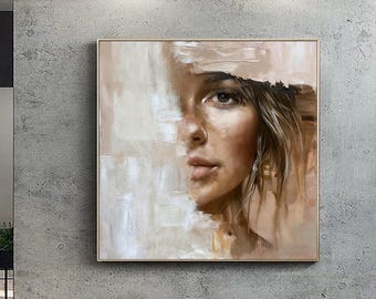 Figure Abstract Painting Woman Abstract Painting Woman Face Wall Art Large Textured Wall Art Original Beige Wall Painting Brown Oil Painting