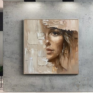Figure Abstract Painting Woman Abstract Painting Woman Face Wall Art Large Textured Wall Art Original Beige Wall Painting Brown Oil Painting