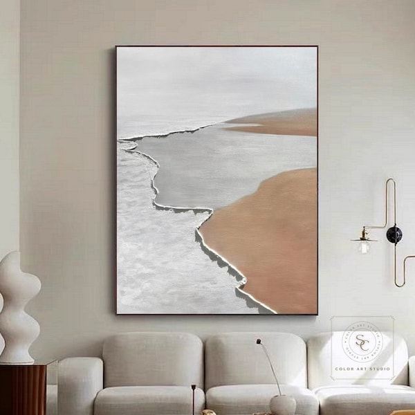 Beige Minimalist Painting White Texture Painting Sea Waves Abstract Painting Brown Abstract Art 3D Textured Art Beach Abstract Painting