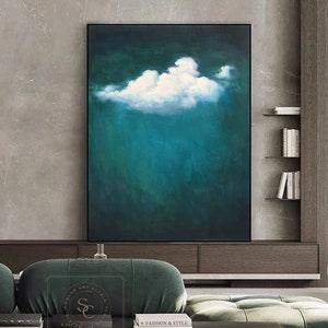 Original Green Abstract Painting Green Minimalist Art Cloud Abstract Art White Cloud Painting Large Cloud Wall Art Blue Abstract Painting