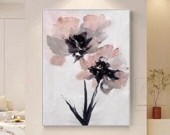 Large Minimalist Wall Art Flower Abstract Painting Black White Textured Art Flower Oil Painting Modern Texture Painting Black Wall Painting