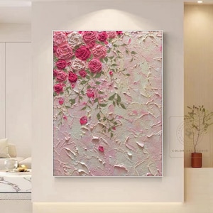 Large Textured Rose Painting, Pink Floral Abstract Canvas Wall Art