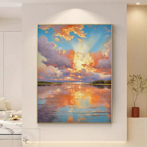 Grand nuage peinture abstraite originale ciel nuageux peinture orange peinture abstraite orange pourrait mur art bleu ciel peinture mer toile art