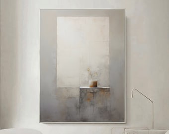 Pintura al óleo beige, pintura mural minimalista, pintura abstracta de flores, pintura de bodegón grande, pintura original de plantas, arte mural en blanco y negro