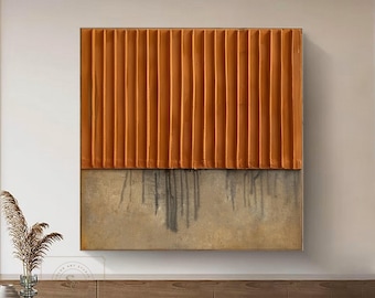 Pintura abstrata laranja e bege, arte minimalista de parede, original, feita à mão, com textura 3D, estilo Wabi Sabi.