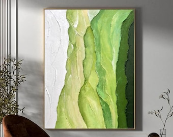 Groene 3D-textuurschildering Groen abstract schilderij witte muurkunst met textuur en groene kleurovergang Beige minimalistische muurkunst groot canvas schilderij