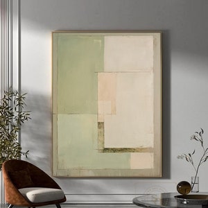 Green Minimalist Wall Art Beige Canvas Painting Green Abstract Painting on Canvas Cream Abstract Art Green Textured Art Modern Geometric Art